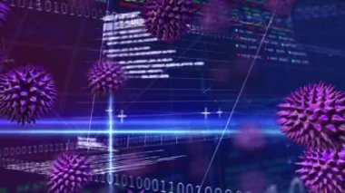 Veri kaydının üzerinde süzülen makro Covid-19 hücrelerinin animasyonu, istatistikler gösteriyor. Finans sektörü borsası küresel veri işleme kavramı dijital olarak oluşturulmuş görüntü.