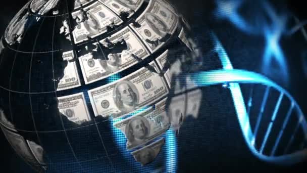 アメリカドル紙幣が回転する地球上のDna株のアニメーション 金融事業株式市場グローバルデータ処理の概念デジタル生成画像 — ストック動画