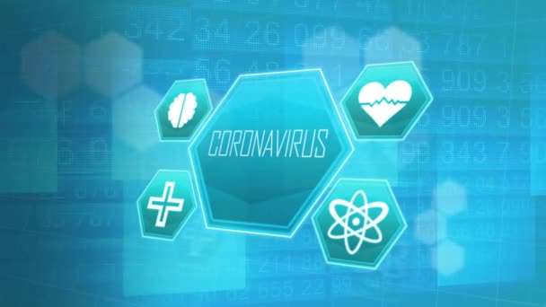 Animering Ett Ord Coronavirus Med Medicinska Ikoner Blå Bakgrund Finans — Stockvideo