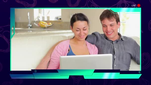 Animation Caucasian Couple Having Online Conversation Blue Frame Global Pandemic — Stock Video