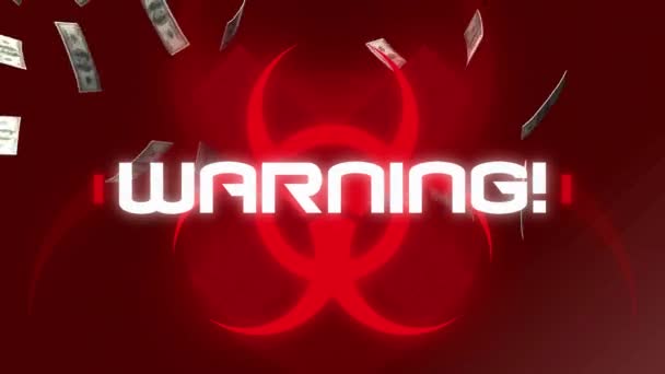 Animación Una Palabra Advertencia Señal Peligro Rojo Sobre Billetes Dólar — Vídeo de stock