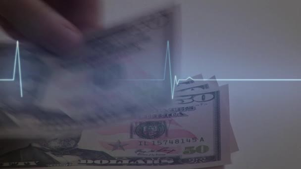 Animación Monitor Latidos Del Corazón Sobre Una Persona Poniendo Billetes — Vídeo de stock