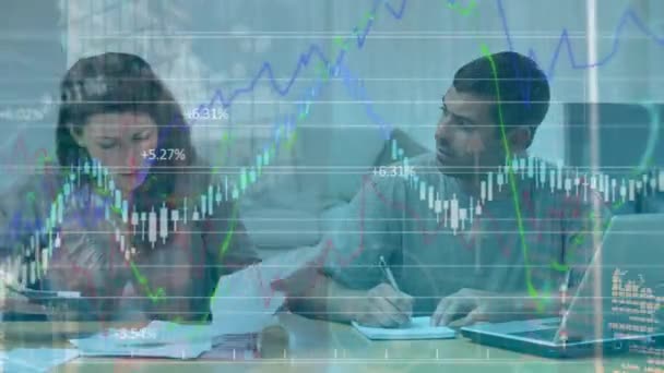 Анімація Відображення Фондового Ринку Запис Даних Статистика Показує Пару Обговорень — стокове відео