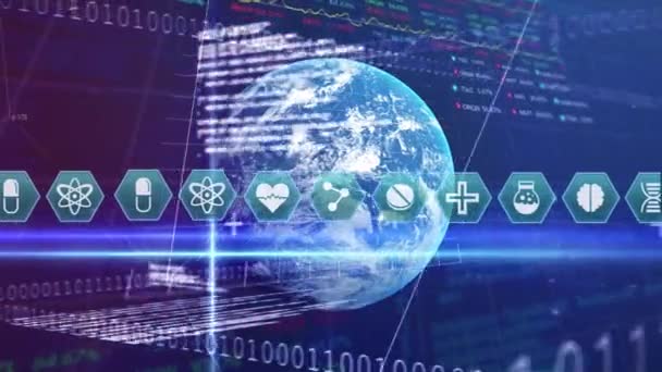 Animation d'icônes médicales sur un globe, enregistrement de données, statistiques montrant. Finance business bourse concept global de traitement des données image générée numériquement .