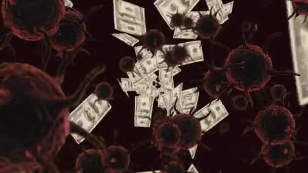 Animación Células Macro Covid Billetes Dólar Estadounidenses Flotando Finanzas Mercado — Vídeo de stock