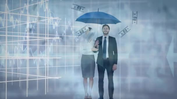 Animation Couple Caucasien Tenant Sous Parapluie Sur Argent Tombant Traitement — Video