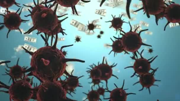 Animacja Makro Komórek Covid Nad Spadającymi Amerykańskimi Banknotami Dolarowymi Finanse — Wideo stockowe