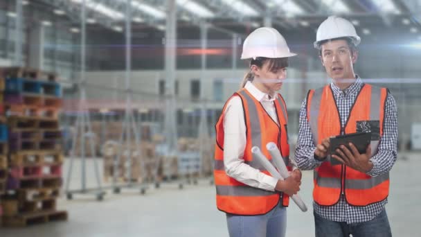 Animation Caucasian Male Female Architect Wearing Hard Hats Vis Vests — Stock Video