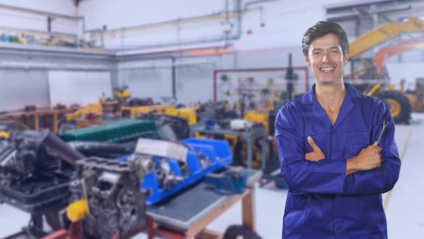 Animation Caucasian Engineer Wearing Overalls Smiling Arms Crossed Holding Spanner — Stock Video