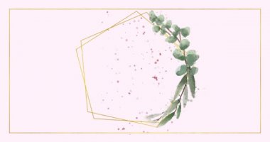 Yaprakları ve çiçekleri olan iki altıgen çerçevede titreşen pembe parçacıkların animasyonu ve beyaz arkaplanda dijital olarak üretilen görüntü.