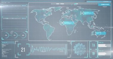Veri işleme, sayı kaydı, makro koronavirüs Covid-19 hücresinin analiz edildiği dünya haritası ekranda. Küresel tıp Coronavirüs Covid 19 salgın konsepti dijital olarak oluşturulmuş görüntü.