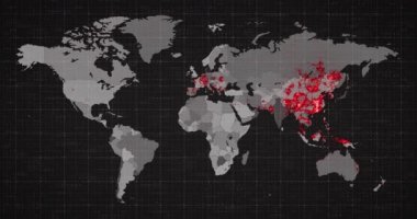 Bir dünya haritasının animasyonu, kıtaların kırmızıya dönmesi, Covid-19 Coronavirus 'un yayıldığını gösteriyor. Dijital olarak üretilen küresel koronavirüs Covid 19 salgını konsepti