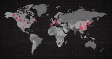 Bir dünya haritasının animasyonu, kıtaların kırmızıya dönmesi, Covid-19 Coronavirus 'un yayıldığını gösteriyor. Dijital olarak üretilen küresel koronavirüs Covid 19 salgını konsepti