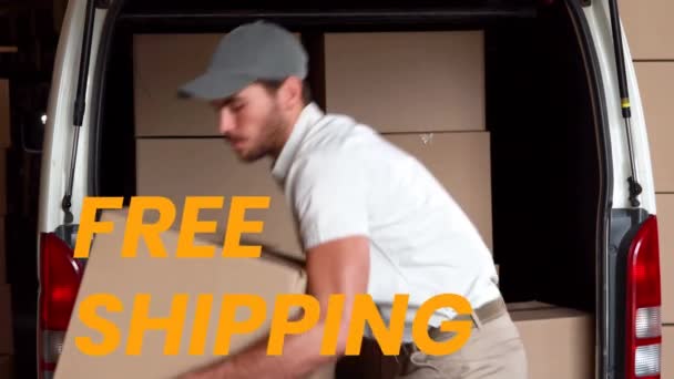 Animation Words Free Shipping Man Delivering Goods Unloading Car Commerce — Stock Video