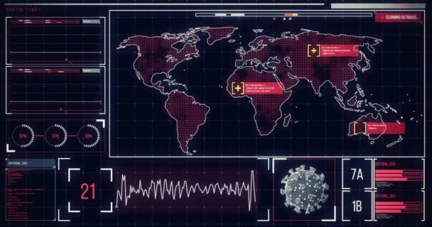 Animace Mapy Světa Obrazovce Zpracováním Dat Zaznamenáváním Čísel Analýzou Makrokoronaviru — Stock video