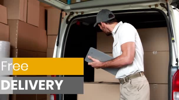 Animazione Delle Parole Free Delivery Man Con Appunti Consegna Merci — Video Stock