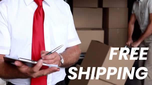 Animation Der Wörter Free Shipping Men Clipboard Delivery Goods Commerce — Stockvideo