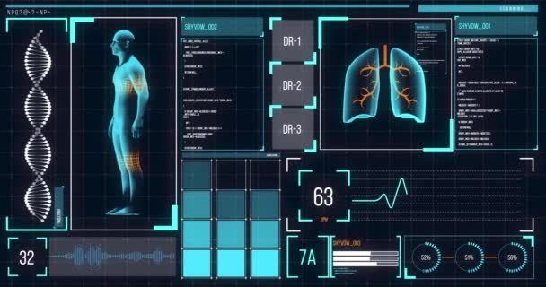 Animace Lidského Těla Plic Srdce Analyzovaná Obrazovce Záznamem Lékařských Informací — Stock video