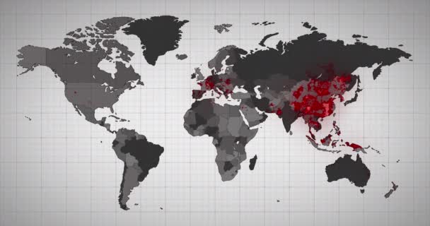 Animace mapy světa, kontinenty rudnou, ukazuje Covid-19 Coronavirus šíří. Globální koronavirus Covid 19 pandemický koncept digitálně generovaný