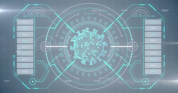 Animering Makro Coronavirus Covid Cell Analyseras Skärm Med Medicinsk Information — Stockvideo