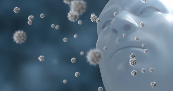 用蓝色背景的3D人头模型对Covid 19巨细胞进行动画化 全球大流行病Coronavirus Covid 19爆发概念数字生成动画 — 图库视频影像