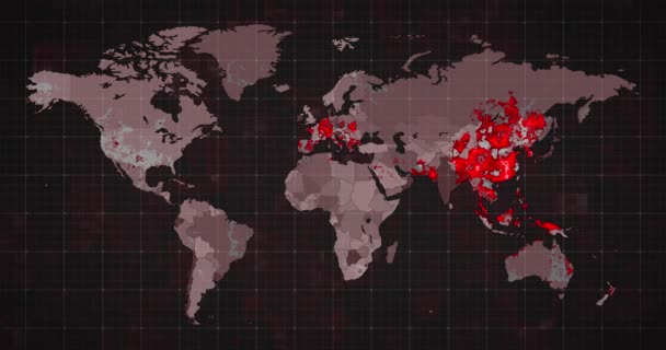世界地図の動画では 大陸が赤くなっており Covid 19コロナウイルスが広がっていることを示しています 全球コロナウイルスCovid 19パンデミックの概念をデジタルで生成 — ストック動画