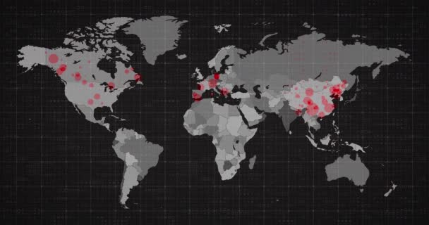 Animacja Mapy Świata Kontynenty Czerwienią Ukazująca Rozprzestrzenianie Się Covid Coronavirus — Wideo stockowe