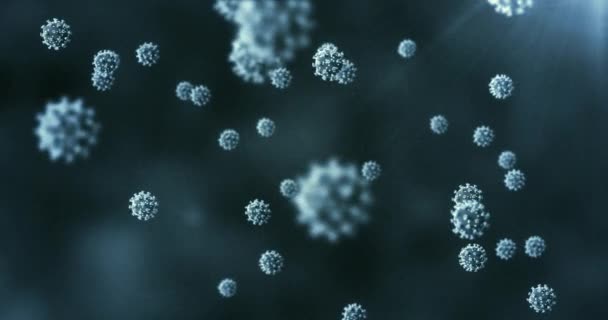 在蓝色和黑色背景上漂浮的Covid 19巨细胞的动画 全球大流行病Coronavirus Covid 19爆发概念数字生成动画 — 图库视频影像