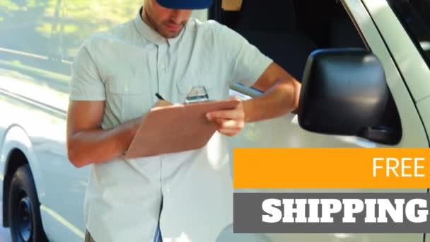 Animation Der Worte Free Shipping Man Clipboard Delivery Goods Commerce — Stockvideo