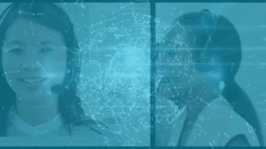 Bağlantılar ağı üzerinden kulaklık takan çok ırklı çağrı merkezi çalışanlarının animasyonu. İş iletişim teknolojisi kavramı dijital olarak oluşturuldu