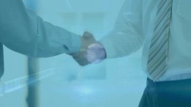 İki iş adamının el sıkışarak dünyayı döndürmesi, veri kaydı, istatistikler gösteriyor. İş iletişim teknolojisi kavramı dijital olarak oluşturuldu