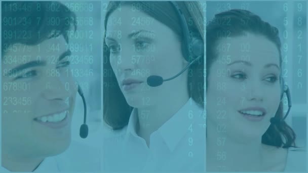 Animation Des Splitscreens Von Drei Multiethnischen Callcenter Mitarbeitern Mit Headsets — Stockvideo