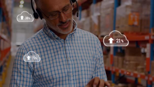 Animation Man Working Warehouse Using Tablet Cloud Icons Commerce Delivery — Stock Video