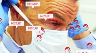 Hasta insanların animasyonları ve yükselen rakamlar bir erkek doktorun maske takması. Dijital olarak üretilen küresel koronavirüs Covid 19 salgın konsepti.