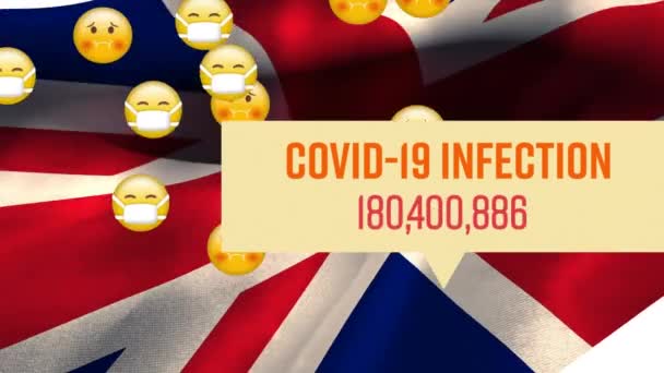 Covid 19のアニメーション感染数は増加し 絵文字は英国の旗を振って浮かんでいます 世界的なパンデミックコロナウイルスCovid 19感染症の概念をデジタルで生成 — ストック動画