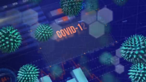 在Covid 19标志上对Covid 19巨细胞的动画 数据处理 显示统计数据 全球大流行病Coronavirus Covid — 图库视频影像