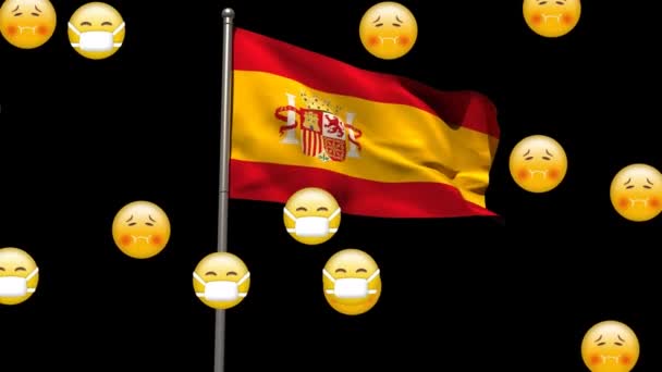 Animação Emojis Flutuando Com Uma Bandeira Espanhola Acenando Fundo Preto — Vídeo de Stock