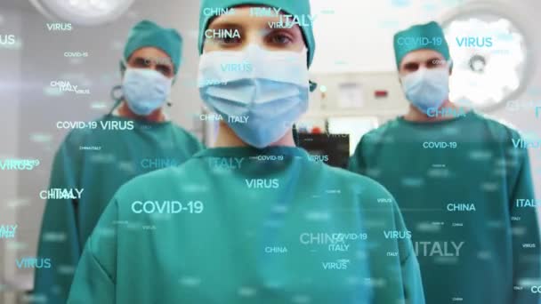 마스크를 카메라를 의사들이 떠다니는 단어들의 애니메이션이다 세계적 유행병 코로나 바이러스 — 비디오