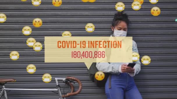 Animation Covid Infection Number Rising Emojis Floating Woman Standing Street — Stock Video