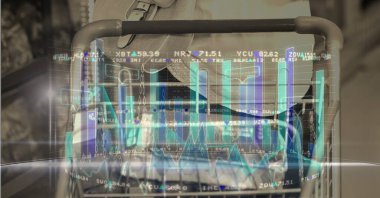 Veri kaydı ve istatistik üzerinden alışveriş yapan birinin dijital çizimi. Finans sektörü borsası küresel veri işleme kavramı dijital olarak oluşturulmuş görüntü