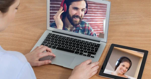 Woman Using Laptop Digital Tablet Having Video Meeting Interacting Online — Stock Photo, Image