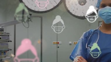 Yüz maskesi takan insanların, yüz maskesi takan bir doktorun üzerinde yüzdüğü animasyon. Dijital olarak üretilen küresel koronavirüs Covid 19 salgın konsepti.