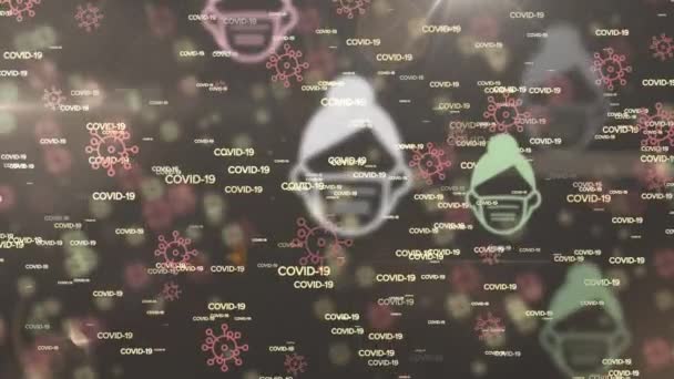 戴口罩和Covid 19细胞图标的人的动画 文字Covid 19漂浮在灰色背景上 全球大流行病Coronavirus Covid — 图库视频影像