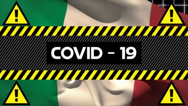 Анимация Слова Ковид Синими Предупреждающими Знаками Над Итальянским Флагом Глобальная — стоковое видео