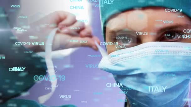 Animation Ord Flyter Över Läkare Sätta Ansiktsmask Global Pandemisk Coronavirus — Stockvideo