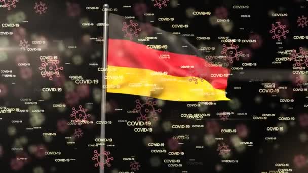 Animación Palabras Covid Covid Celdas Iconos Flotando Con Una Bandera — Vídeos de Stock