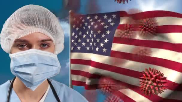 Animation Doctor Wearing Face Mask Macro Covid Cells Floating Flag — Stock Video