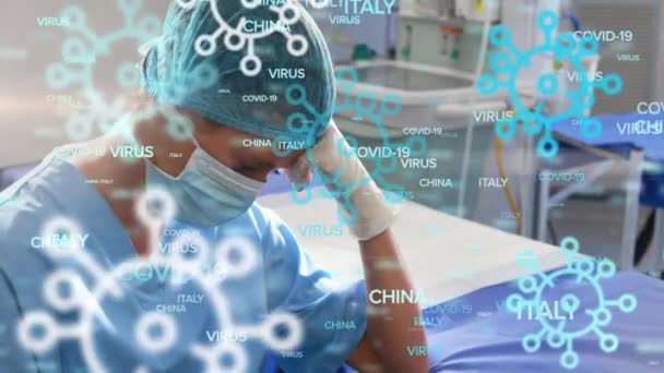 Animation Cellules Covid Icônes Noms Pays Flottant Sur Médecin Assis — Video