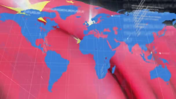 Animation Einer Weltkarte Datenaufzeichnung Mit Statistiken Über Einer Chinesischen Flagge — Stockvideo