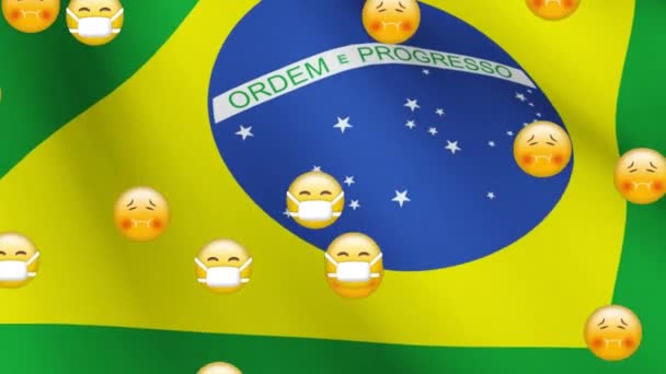 Egy Brazil Zászló Felett Lebegő Emojik Animációja Globális Pandémiás Koronavírus — Stock videók